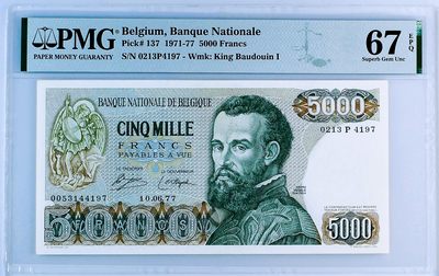 【Blue Auction】✨世界纸币精拍第355期【精】  -    比利时 1977年5000法郎 PMG67EPQ 高分 现代人体解剖学的奠基人安德烈亚斯·维萨利乌斯