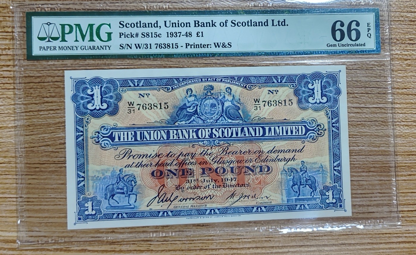 Chase Auction 第23期 - - 外钞、民国钞和人民币混合场！ 1937年苏格兰1镑，PMG66！