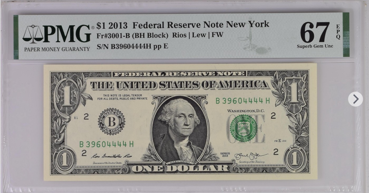 PMG、ACG美元评级专场，无佣金！！！ 1美元绿库印联邦券Federal Reserve Note New York, $1 2013 Small Size