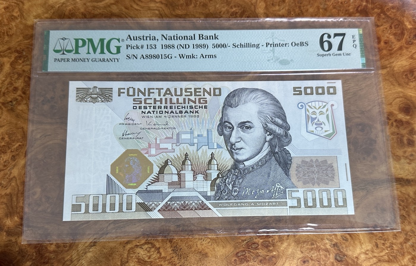 Chase Auction 第23期 - - 外钞、民国钞和人民币混合场！ 1988年奥地利5000先令，莫扎特，PMG67分！