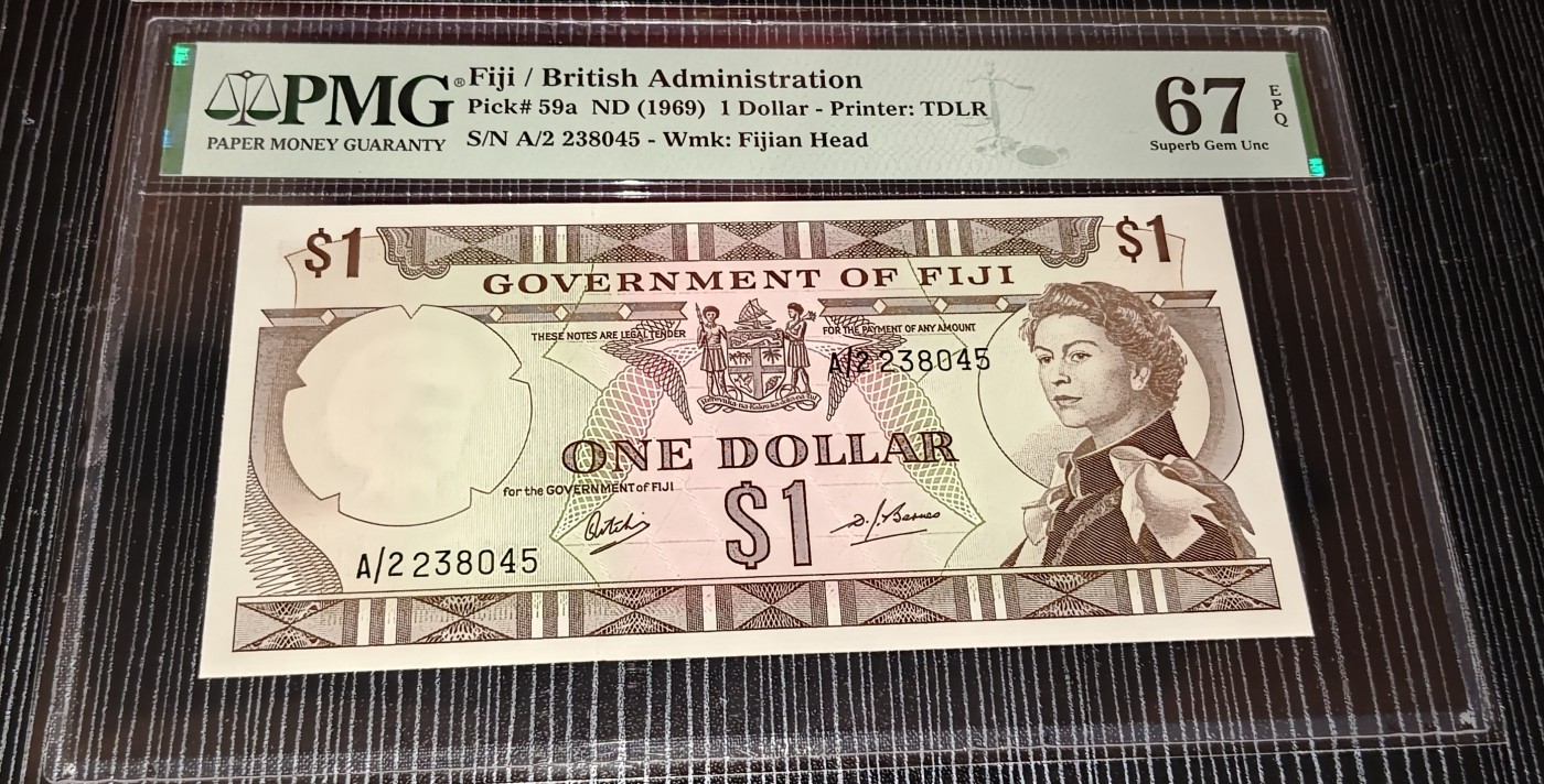Chase Auction 第23期 - - 外钞、民国钞和人民币混合场！ 1969年斐济1元，戎装女王，PMG67！