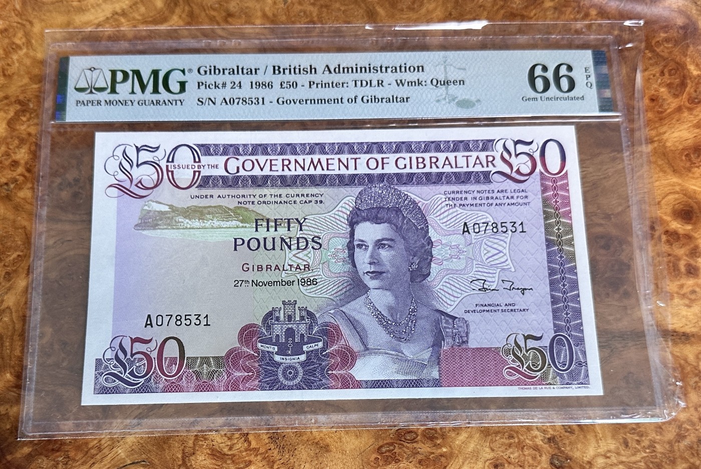 Chase Auction 第23期 - - 外钞、民国钞和人民币混合场！ 1986年英属直布罗陀50镑，高冠女王，PMG66！