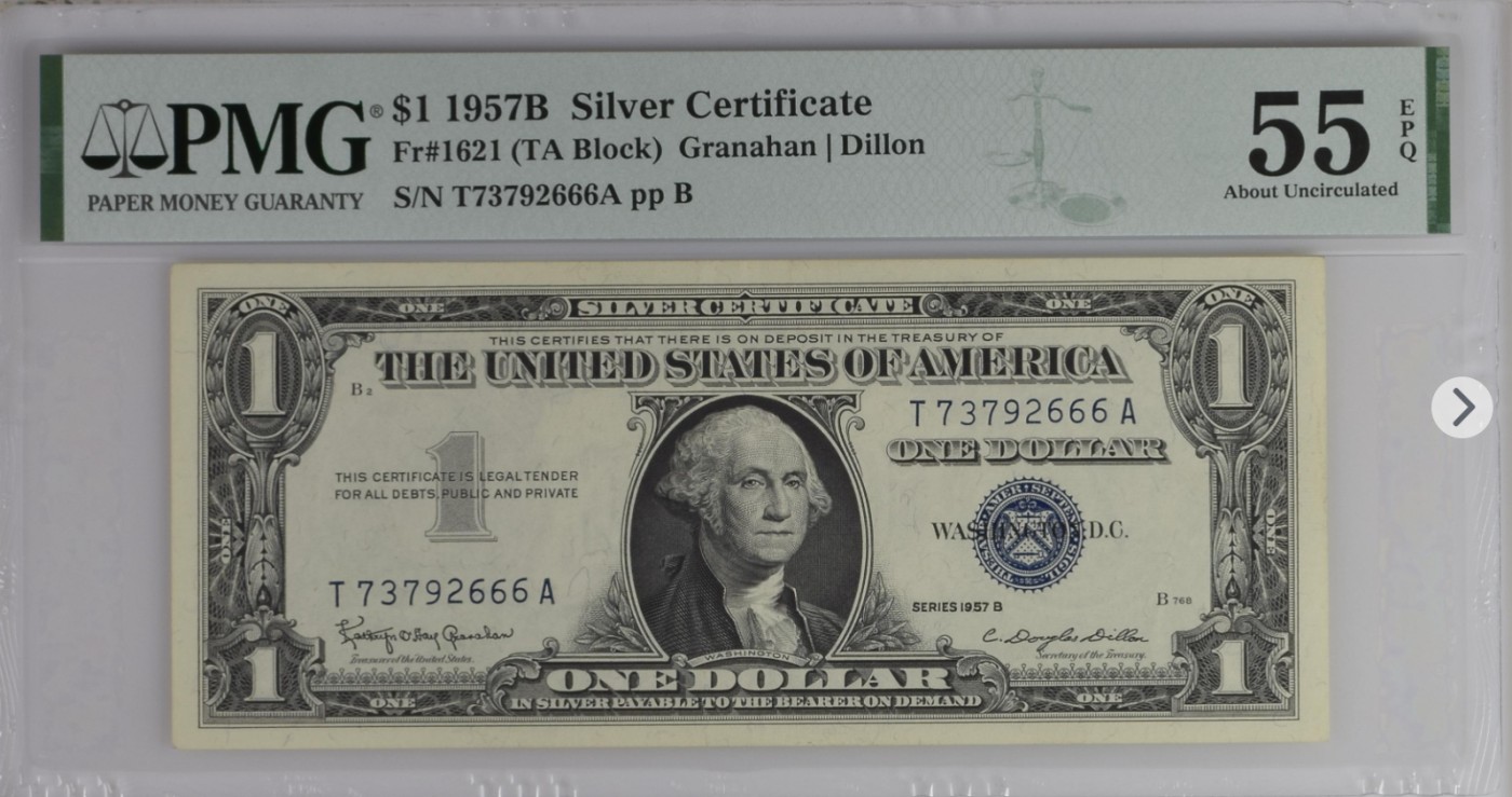 PMG、ACG美元评级专场，无佣金！！！ 1美元蓝库印银圆券Silver Certificate, $1 1957B Small Size