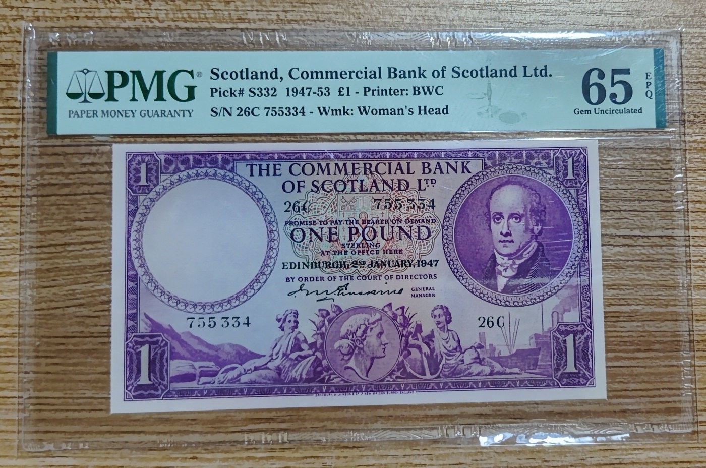 Chase Auction 第23期 - - 外钞、民国钞和人民币混合场！ 1947年苏格兰1镑，PMG65！