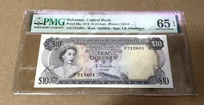 【Blue Auction】✨世界纸币精拍第355期【精】  -  【无47】巴哈马 1974年10元 经典彩背 女王 火烈鸟 PMG65EPQ 