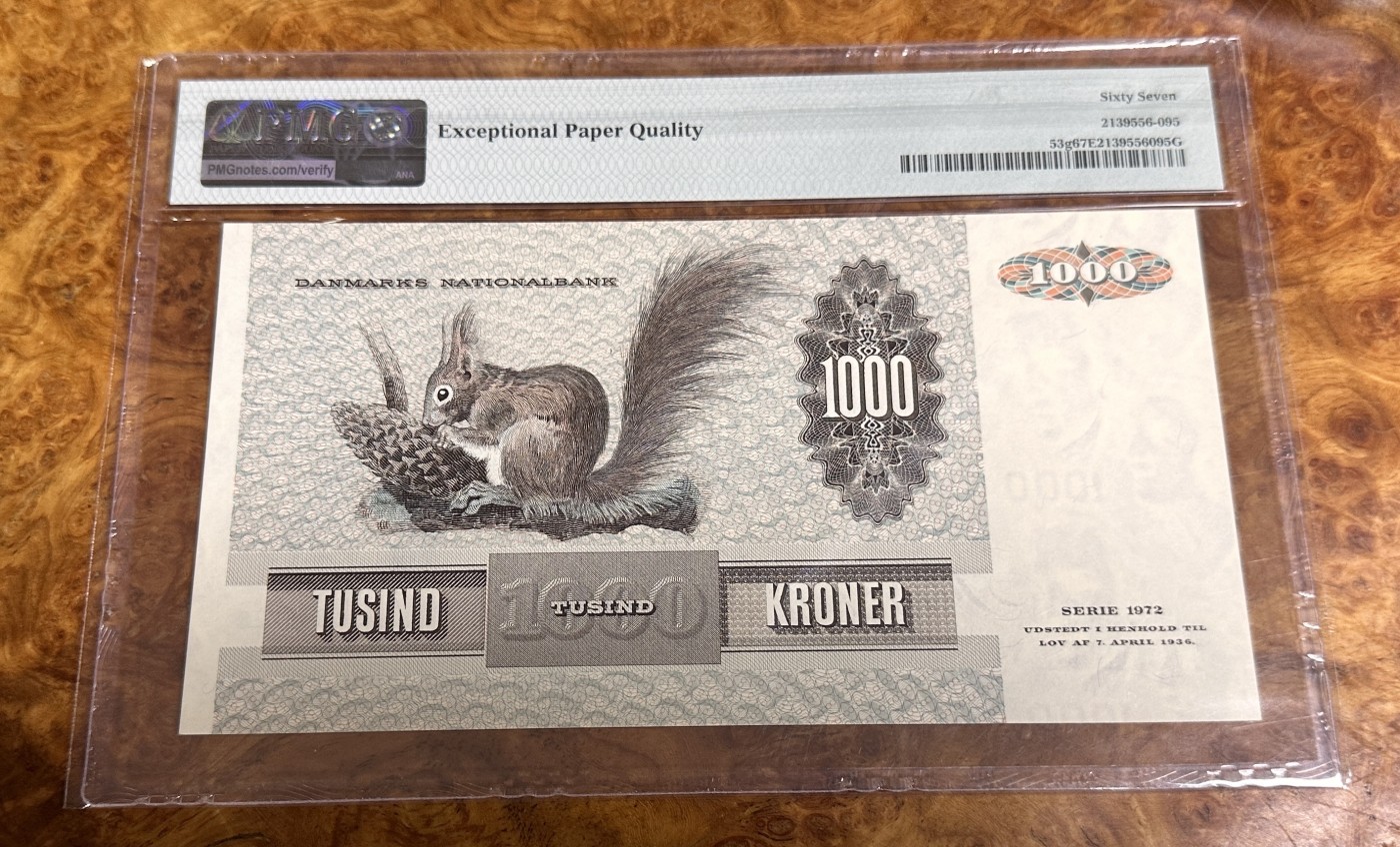 Chase Auction 第23期 - - 外钞、民国钞和人民币混合场！ 1992年丹麦1000克朗，大松鼠，PMG67分！