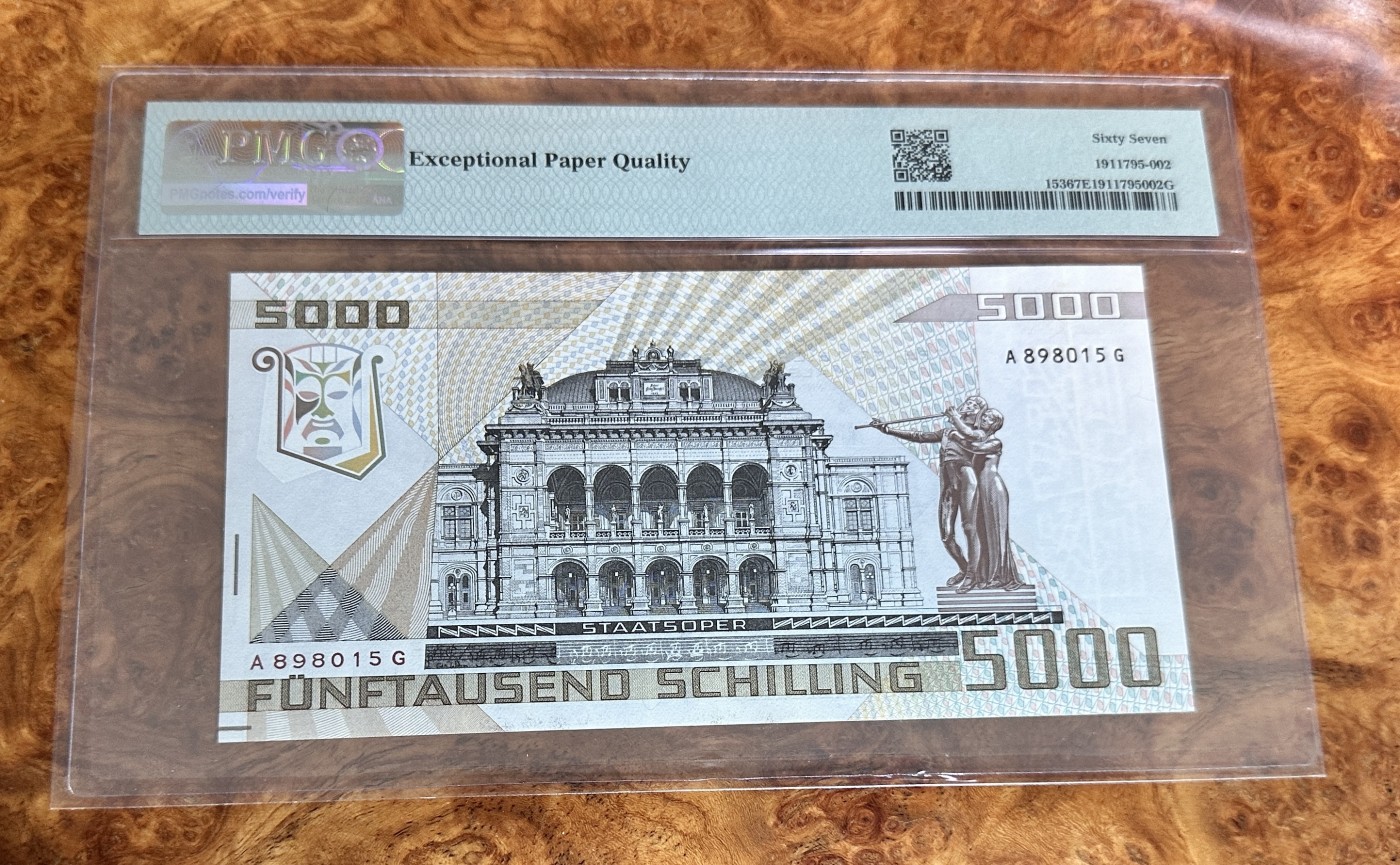 Chase Auction 第23期 - - 外钞、民国钞和人民币混合场！ 1988年奥地利5000先令，莫扎特，PMG67分！