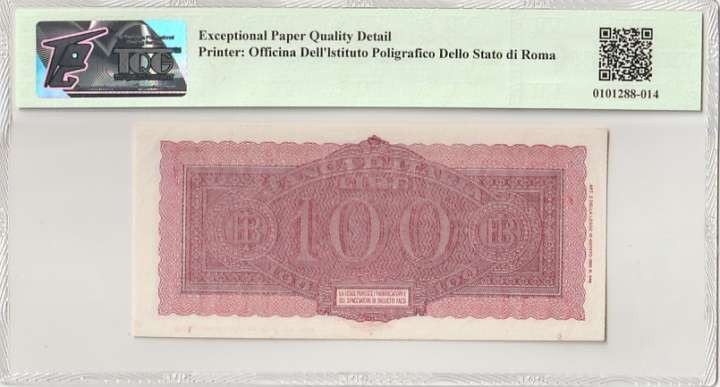 收藏联盟Quantum Auction 第279期拍卖  意大利1944年100里拉 TQG65 标注为GEPD(原始纸张有瑕疵)