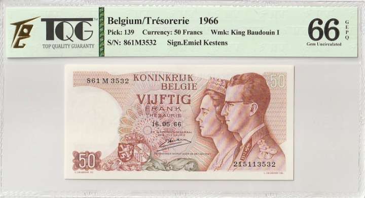 收藏联盟Quantum Auction 第279期拍卖  比利时1966年50法郎 TQG66 博杜安国王夫妇 号码全程无47