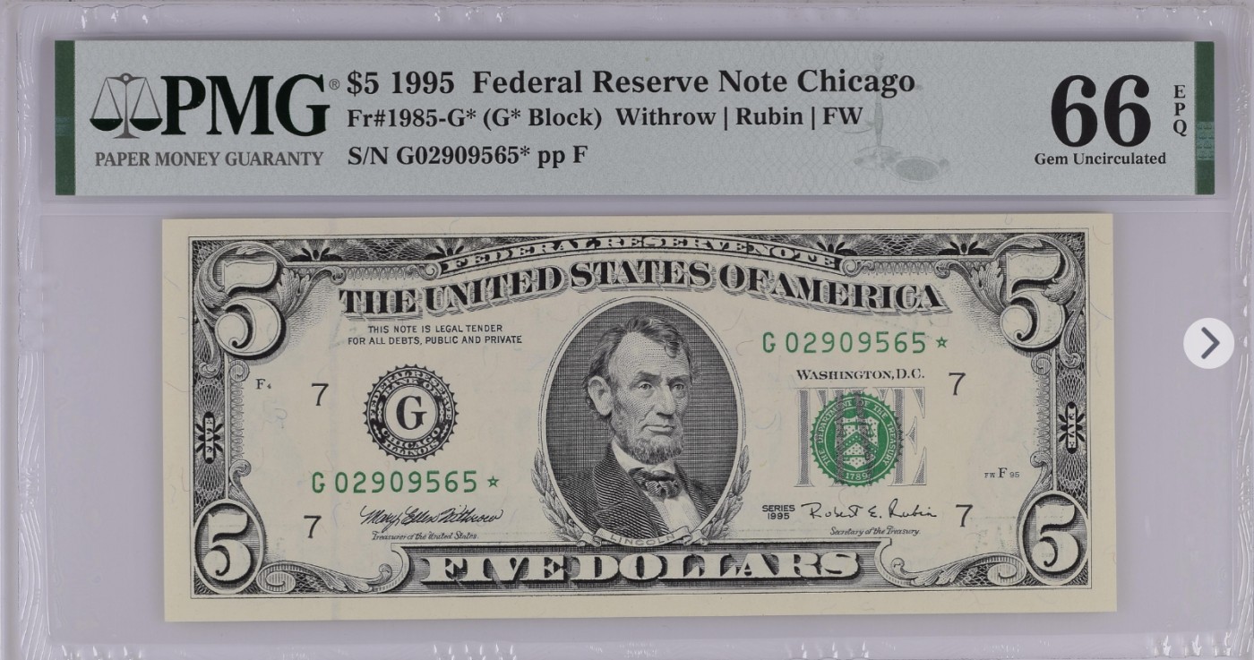 PMG、ACG美元评级专场，无佣金！！！ 5美元绿库印联邦券Federal Reserve Note Chicago, $5 1995 Small Size