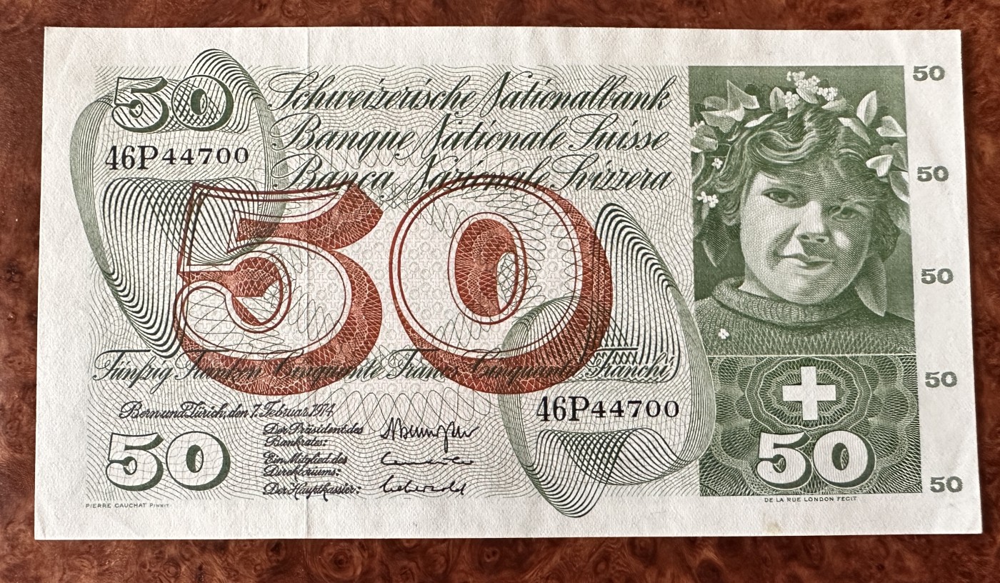 Chase Auction 第23期 - - 外钞、民国钞和人民币混合场！ 瑞士早期50法郎，苹果园，UNC-，品相如图！