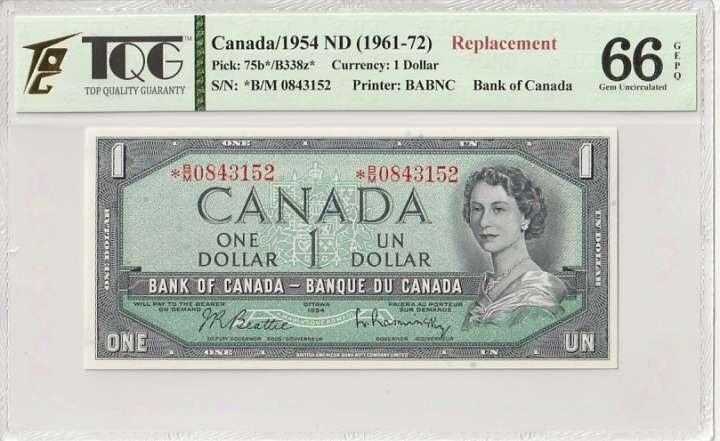 收藏联盟Quantum Auction 第279期拍卖  加拿大1954年1元 TQG66 绝品 稀少补号