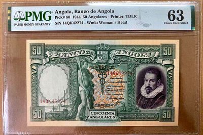 【Blue Auction】✨世界纸币精拍第356期——莫总专场XXVII - 【季军分 普通号码版少见 珍罕】安哥拉 1944年50Angolares PMG63 全新品相 设计非常精美 背面描述场景为：葡萄牙人于1617年建立本吉拉。本吉拉一直是安哥拉一个重要的贸易中心，特别是近代与巴西、古巴间的奴隶交易