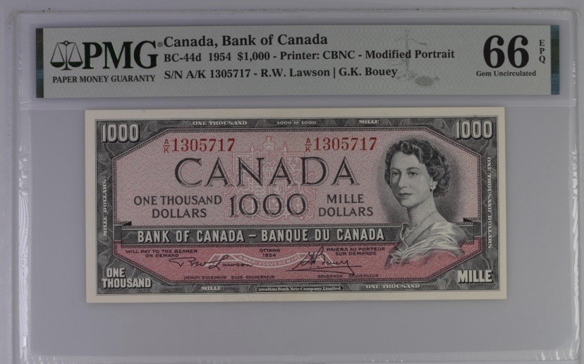 收藏联盟Quantum Auction 第279期拍卖  加拿大1954年1000元 PMG66 号码无4  加拿大女王珍品