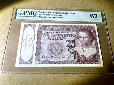 【Blue Auction】✨世界纸币精拍第356期——莫总专场XXVII -  【仅1张更高分 66尾】荷兰 1943-44年25盾 小女孩 PMG67EPQ 高分少见