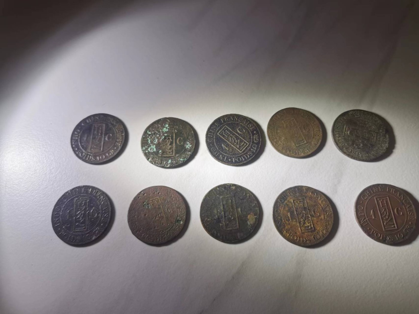 248.【鲸贝乐淘★两拍包邮】三字经·第“三光者，日月星”号拍卖 【越南🇻🇳★法属】百分之一汉字铜币，10枚女神坐像，流通品相如图