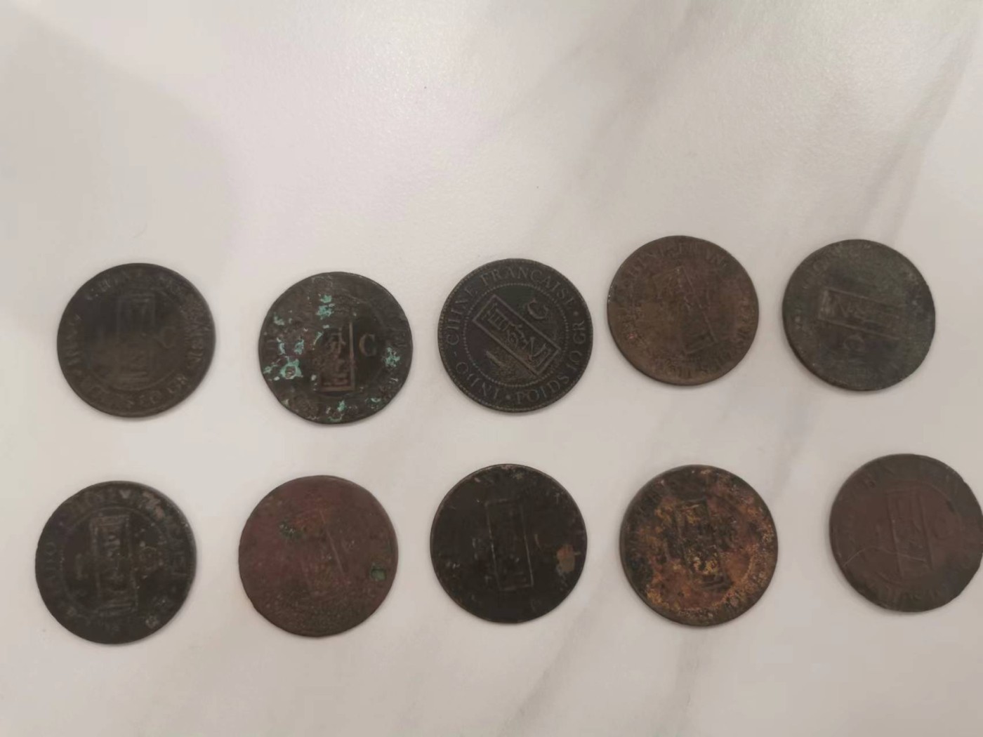 248.【鲸贝乐淘★两拍包邮】三字经·第“三光者，日月星”号拍卖 【越南🇻🇳★法属】百分之一汉字铜币，10枚女神坐像，流通品相如图