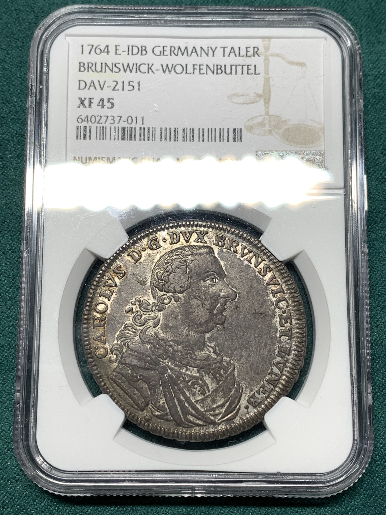 《竞宝斋》第187场-周日，周一 2场 (全场包邮) NGC XF45 德国 布伦瑞克 1764年 飞马泰勒大银币 双面均匀的深彩包浆 经典飞马非常漂亮