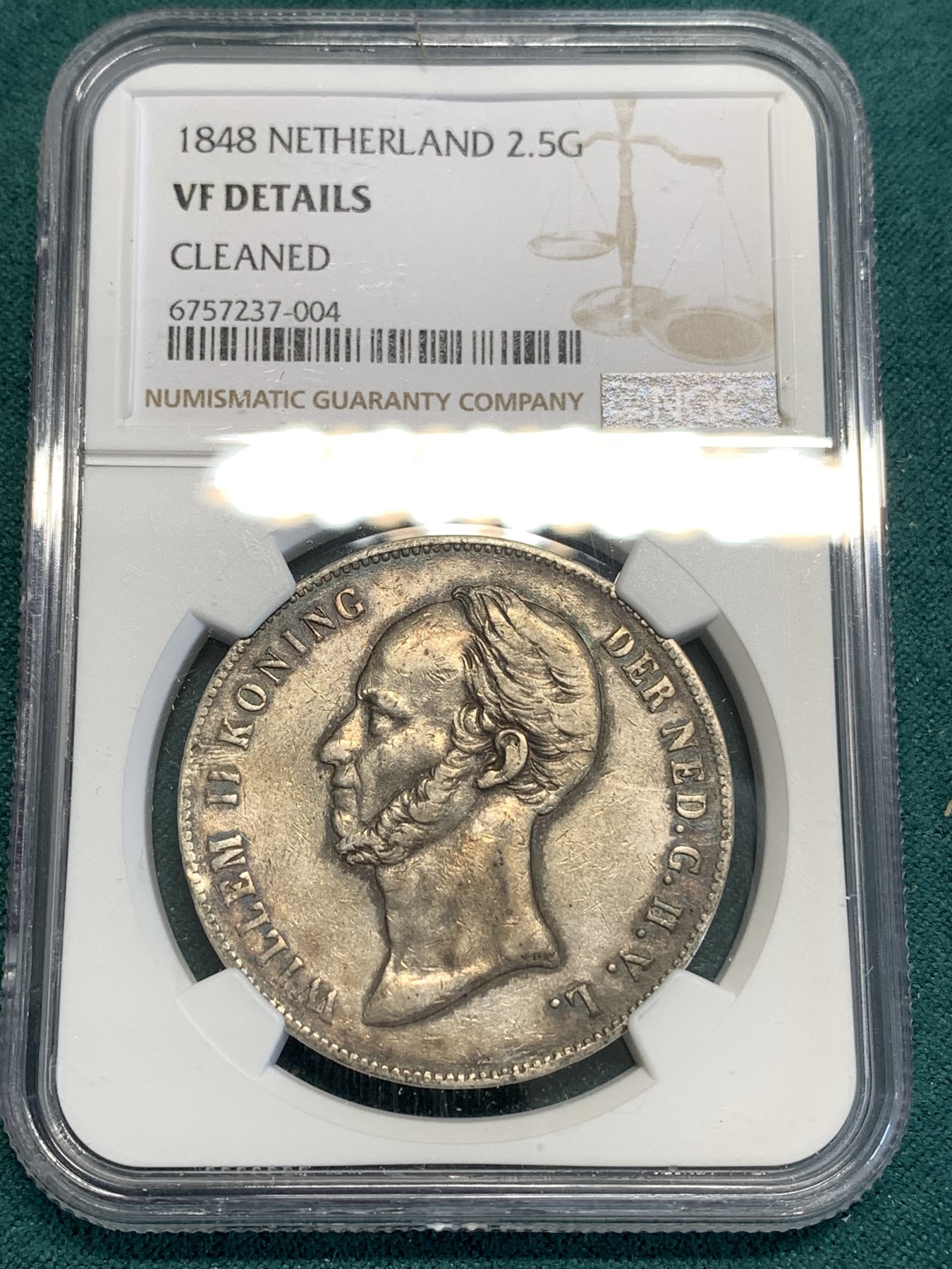 《竞宝斋》第187场-周日，周一 2场 (全场包邮) NGC-VF 荷兰1848年威廉二世2.5盾银币  荷兰近代少见品种长脖子  945超高含银量