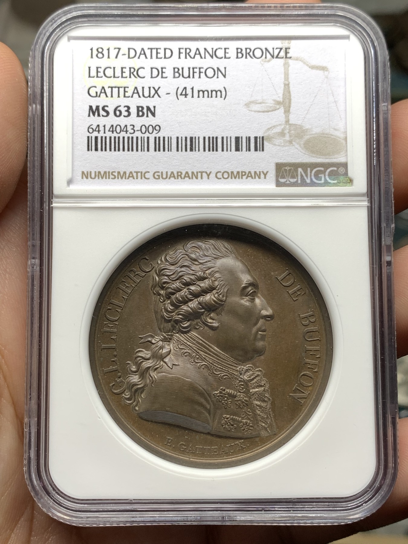 《竞宝斋》第187场-周日，周一 2场 (全场包邮) NGC MS63BN 法国1817勒克莱尔铜章 加厚盒装