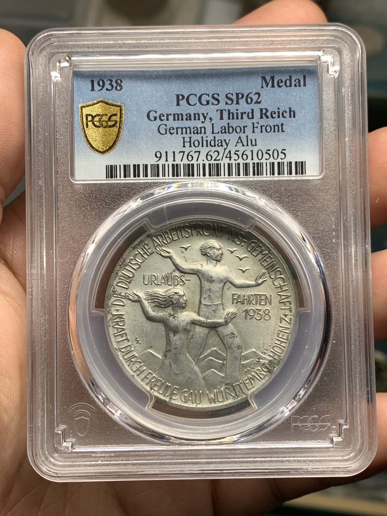 《竞宝斋》第187场-周日，周一 2场 (全场包邮) PCGS SP62 德国 1938年 帝国劳动节样章 好品十分稀少 奇异双拼评级盒