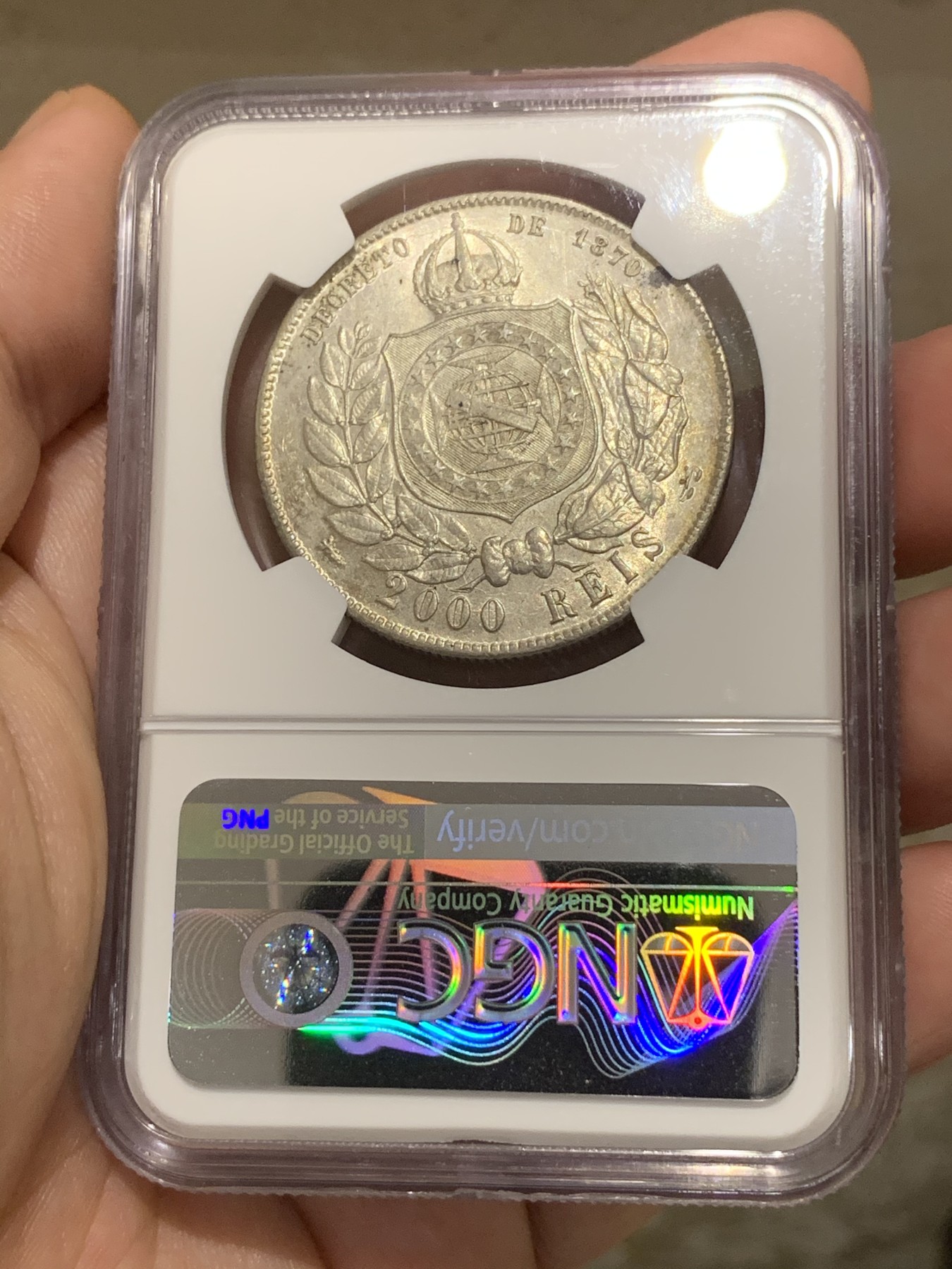 《竞宝斋》第187场-周日，周一 2场 (全场包邮) NGC-AU58 巴西帝国 1889年 2000瑞斯 银币