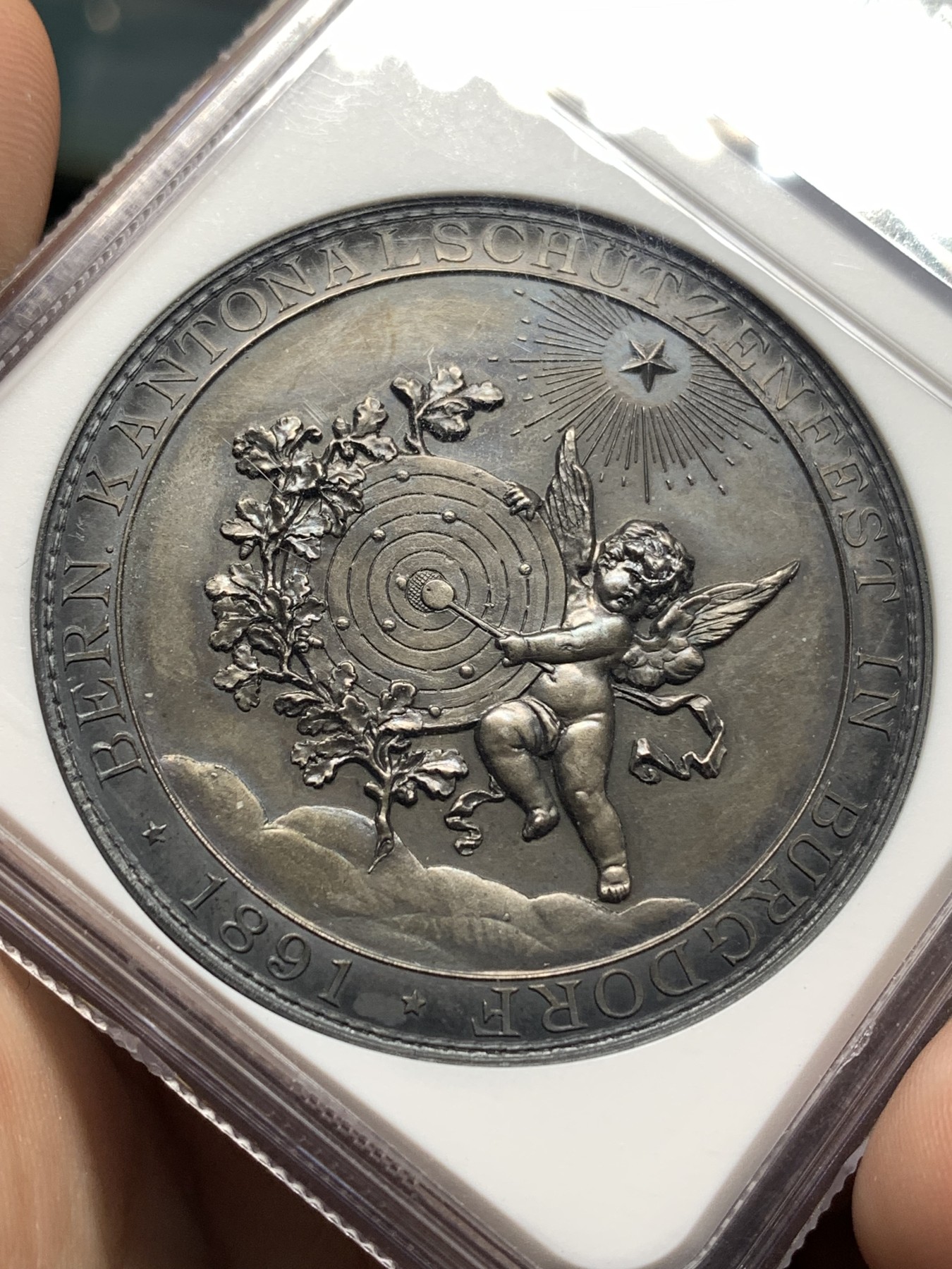 《竞宝斋》第187场-周日，周一 2场 (全场包邮) NGC-MS62 1891 瑞士伯尔尼射击节 银章 45直径，高浮雕，极其精美