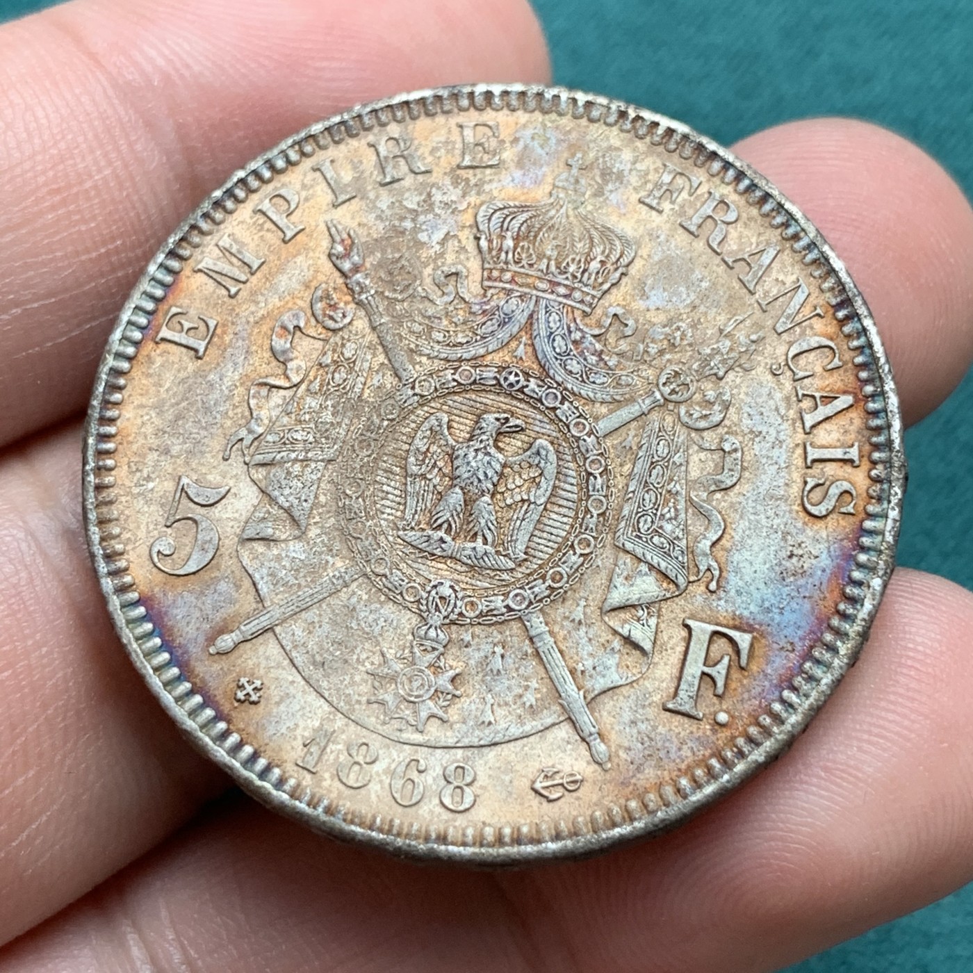 《竞宝斋》第187场-周日，周一 2场 (全场包邮) 1868 拿破仑三世 5法郎银币 细节不错 老鹰羽毛清晰