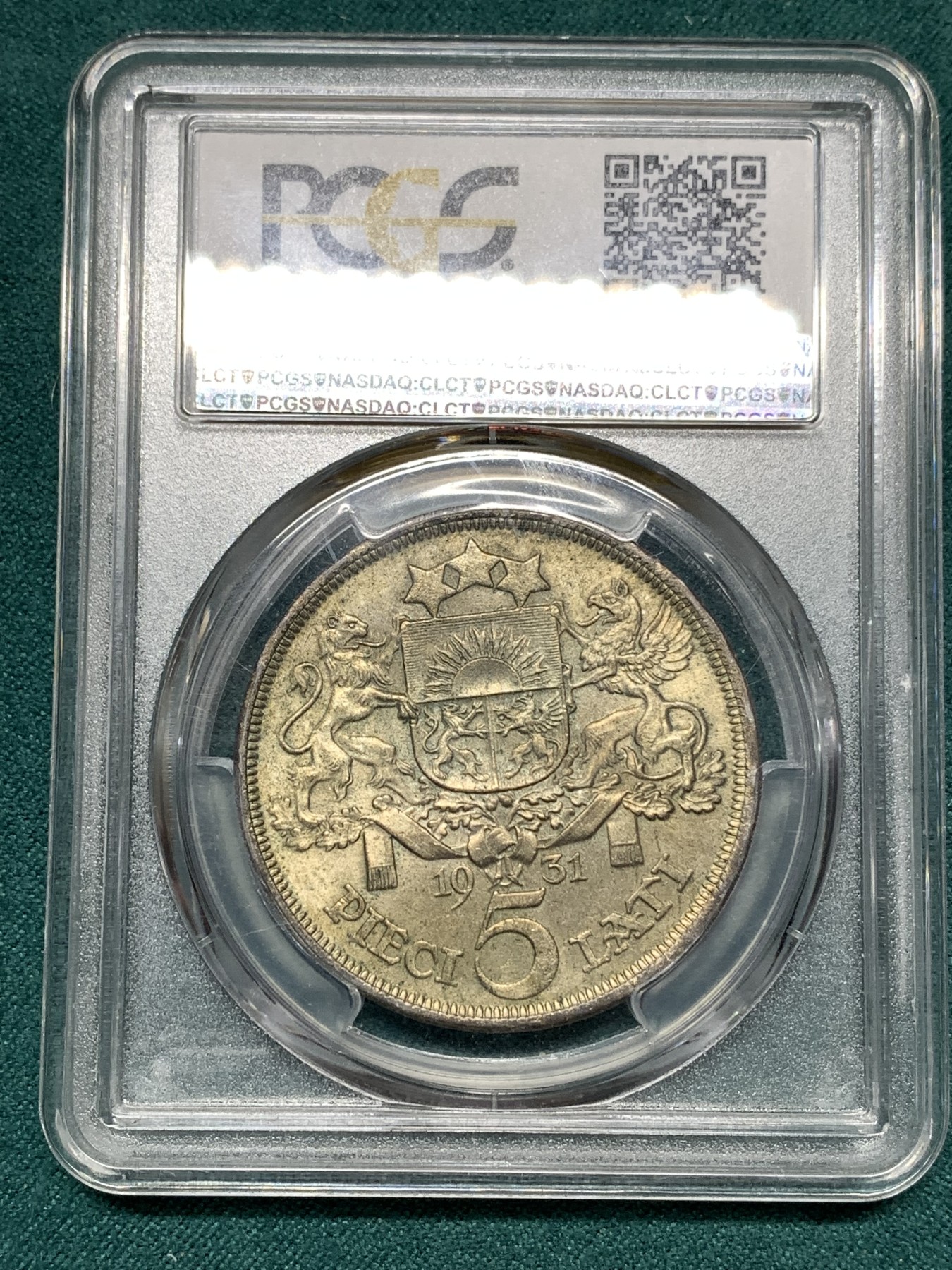 《竞宝斋》第187场-周日，周一 2场 (全场包邮) PCGS-MS64 拉脱维亚1931年少女头像5拉特银币  高分好品 64分已经很难见到