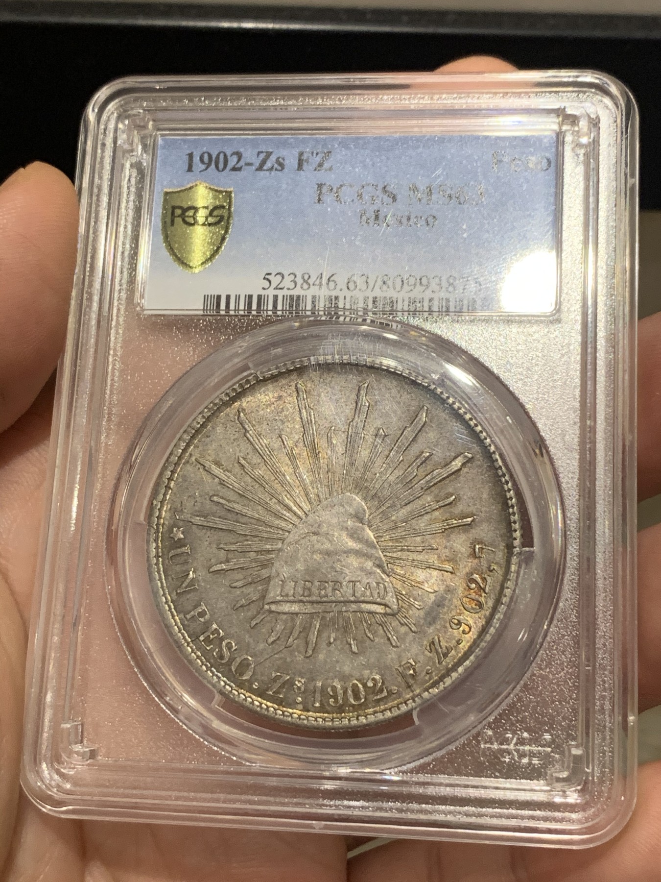 《竞宝斋》第187场-周日，周一 2场 (全场包邮) PCGS-MS63 墨西哥 鹰洋 1902 ZS FZ 1比索 鹰洋 双面紫红彩 漂亮 带十字光