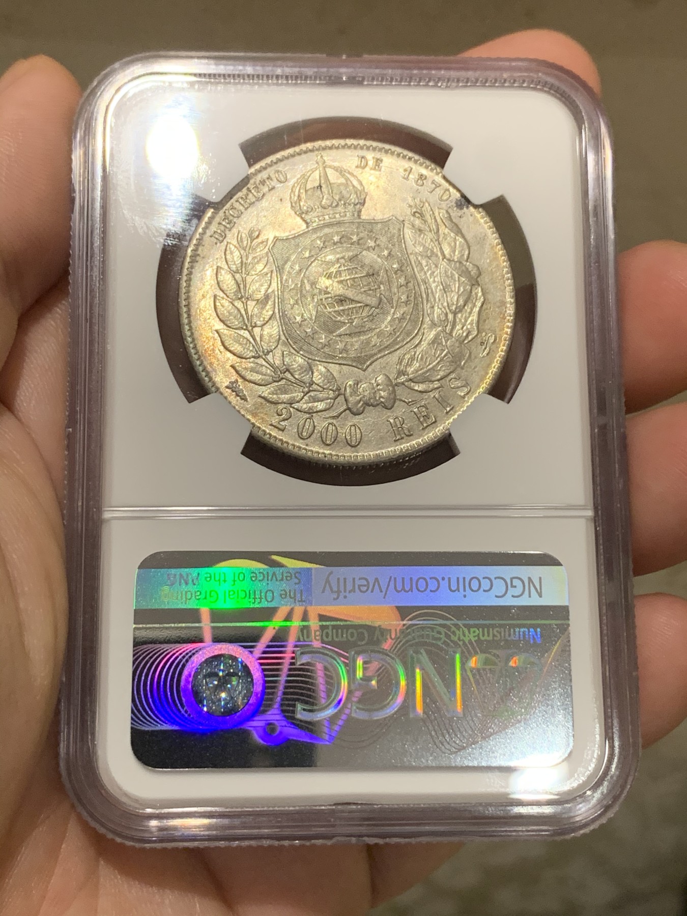 《竞宝斋》第187场-周日，周一 2场 (全场包邮) NGC-AU58 巴西帝国 1889年 2000瑞斯 银币