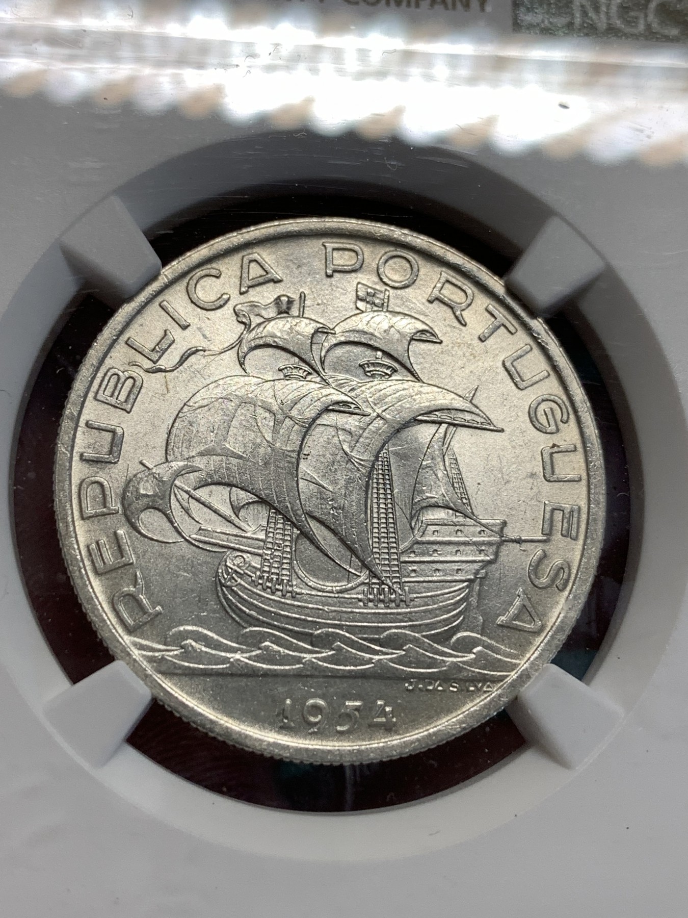 《竞宝斋》第187场-周日，周一 2场 (全场包邮) NGC-MS63 葡萄牙1954年 大帆船10埃斯库多银币