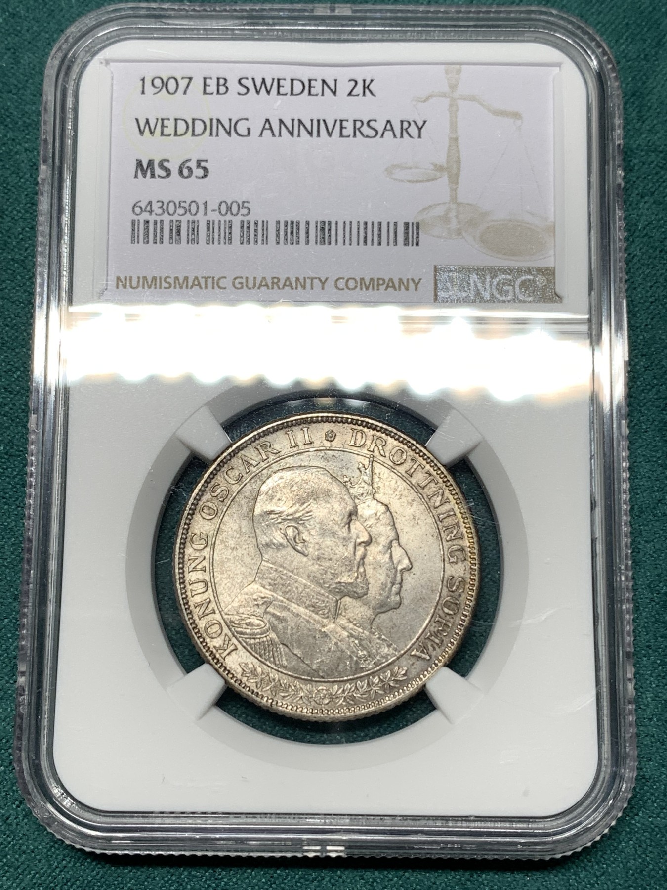 《竞宝斋》第187场-周日，周一 2场 (全场包邮) NGC MS65 瑞典1907金婚2克朗银币 高分