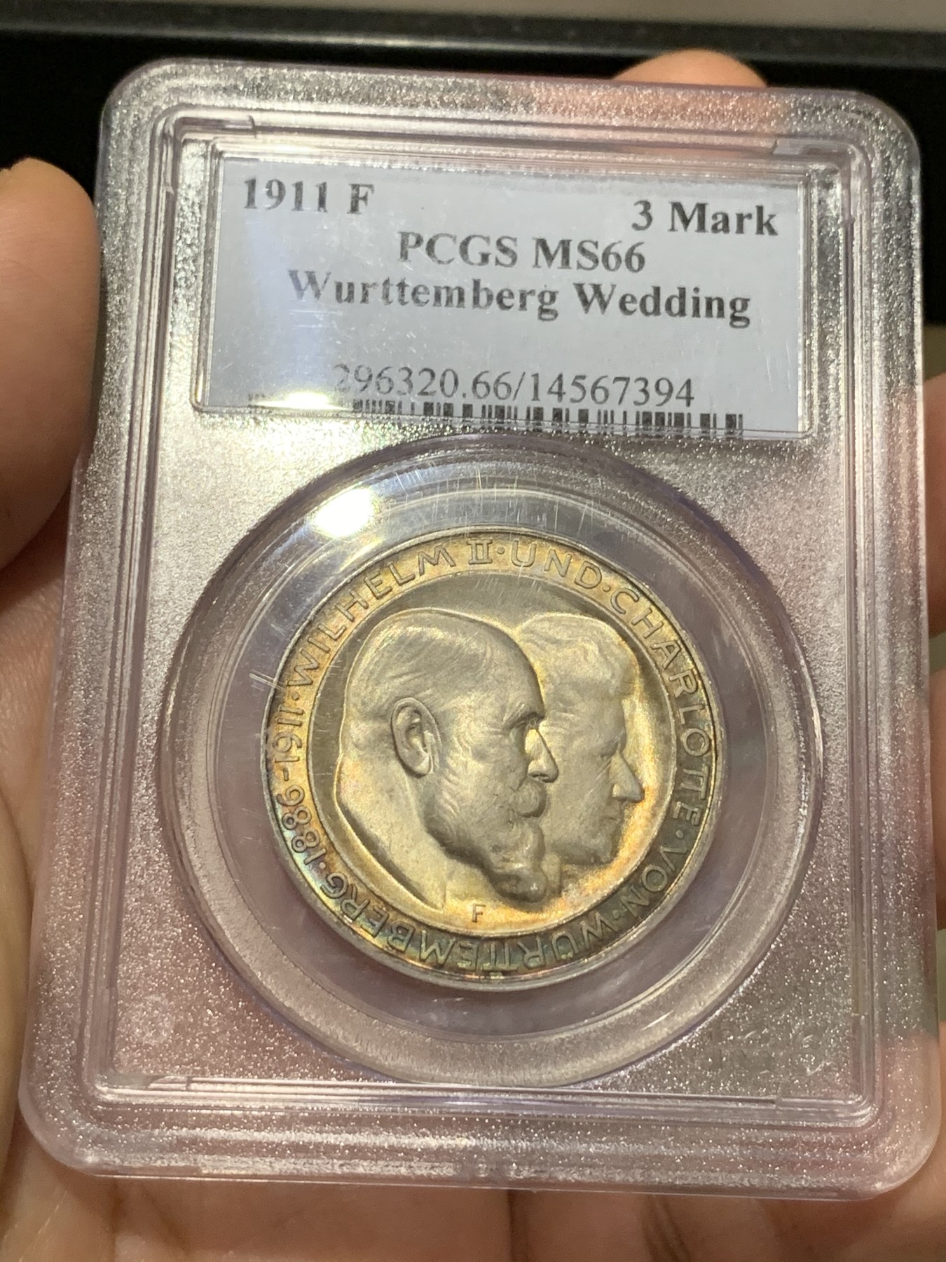 《竞宝斋》第187场-周日，周一 2场 (全场包邮) PCGS-MS66 德意志符腾堡1911F厂  国王王后金婚纪念3马克银币 顶级分数收藏级 金光底板周圈五彩