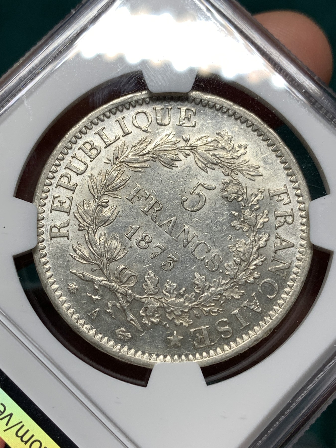 《竞宝斋》第187场-周日，周一 2场 (全场包邮) NGC-AU58 法国 1873年 大力神5法郎银币