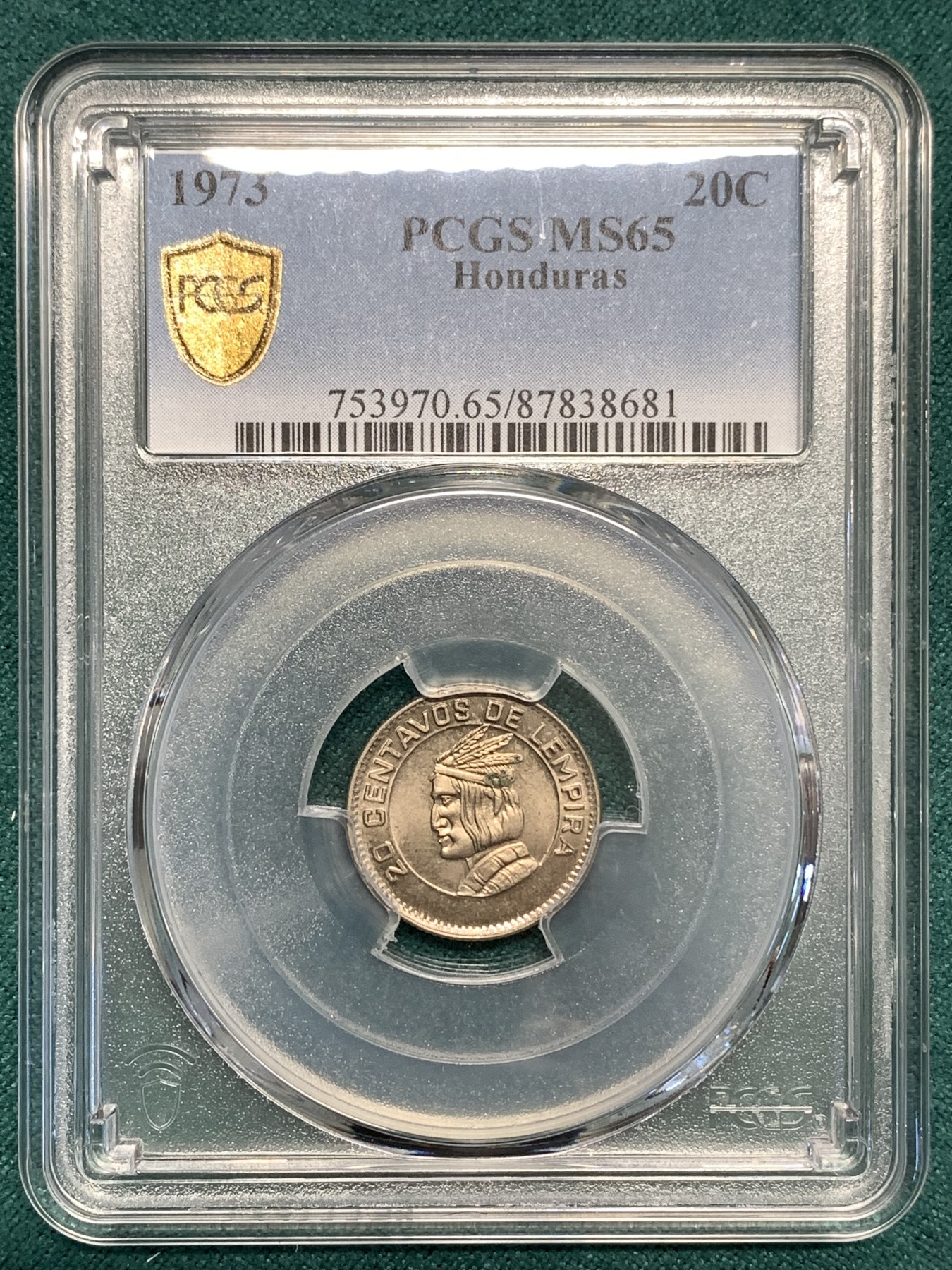 《竞宝斋》第187场-周日，周一 2场 (全场包邮) PCGS-MS65 洪都拉斯 1973年 20分 较少见的品种