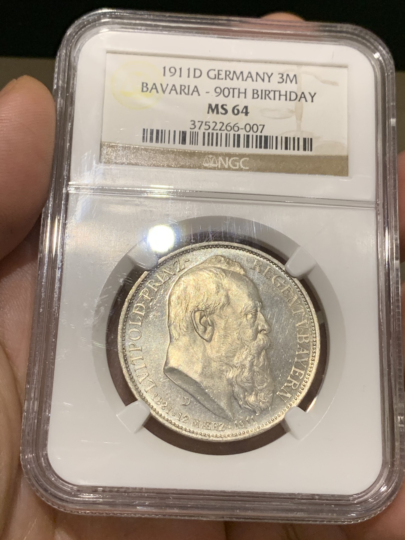 《竞宝斋》第187场-周日，周一 2场 (全场包邮) NGC MS64 德国巴伐利亚1911年3马克利奥波德90大寿纪念银币