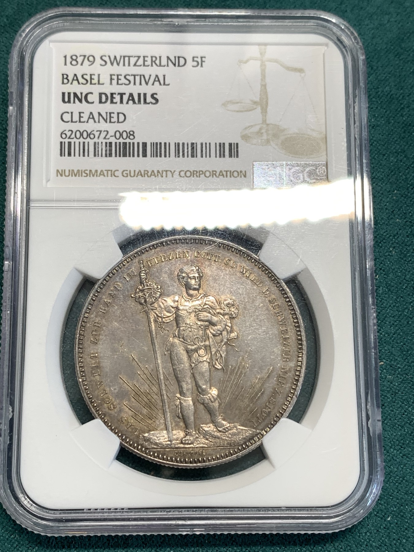 《竞宝斋》第187场-周日，周一 2场 (全场包邮) NGC-UNC 瑞士1879年 巴塞尔射击节5法郎银币   淡彩包浆 细节清晰