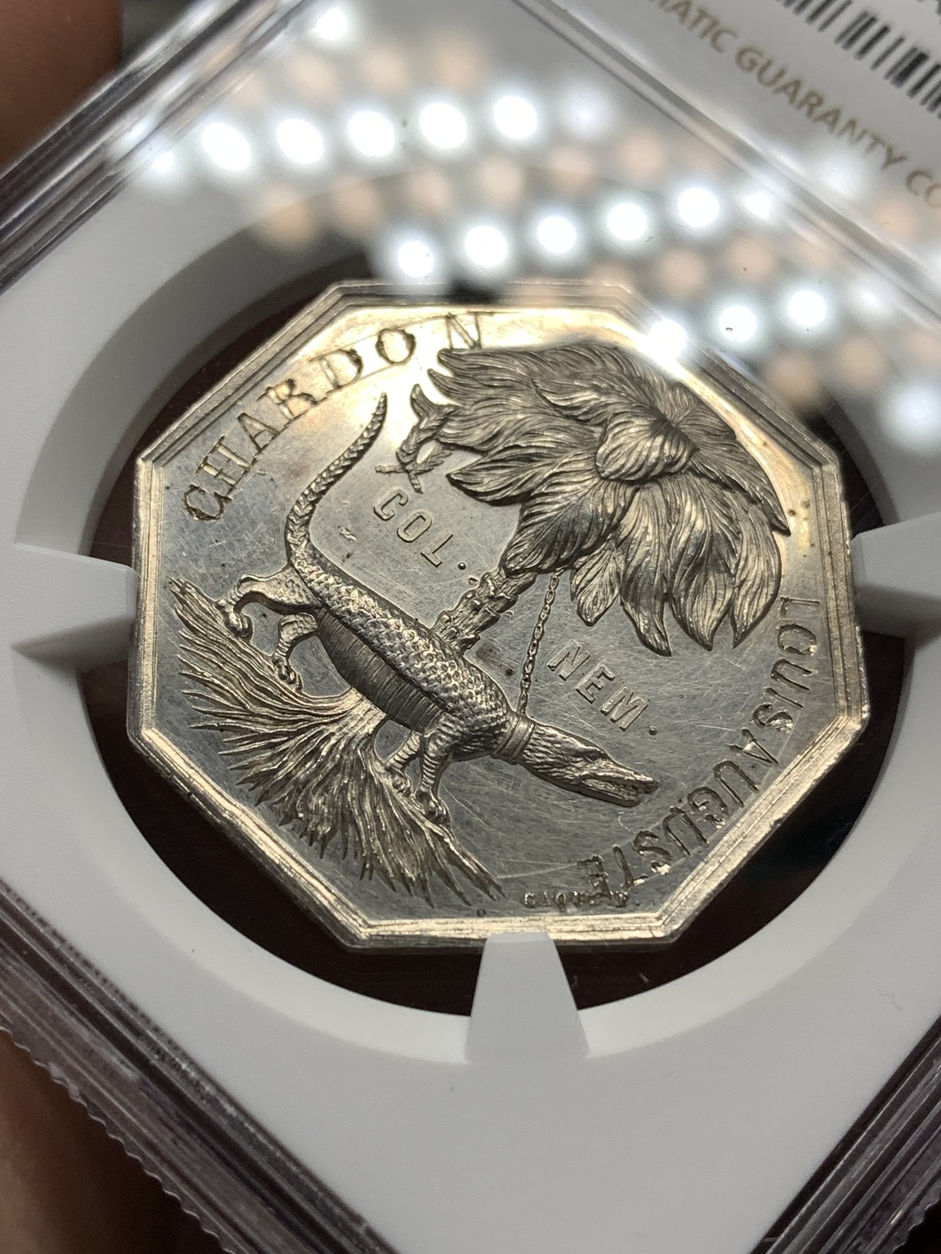 《竞宝斋》第187场-周日，周一 2场 (全场包邮) NGC UNC 法国 经典鳄鱼 1898 银质八角代币 状态好 光度好