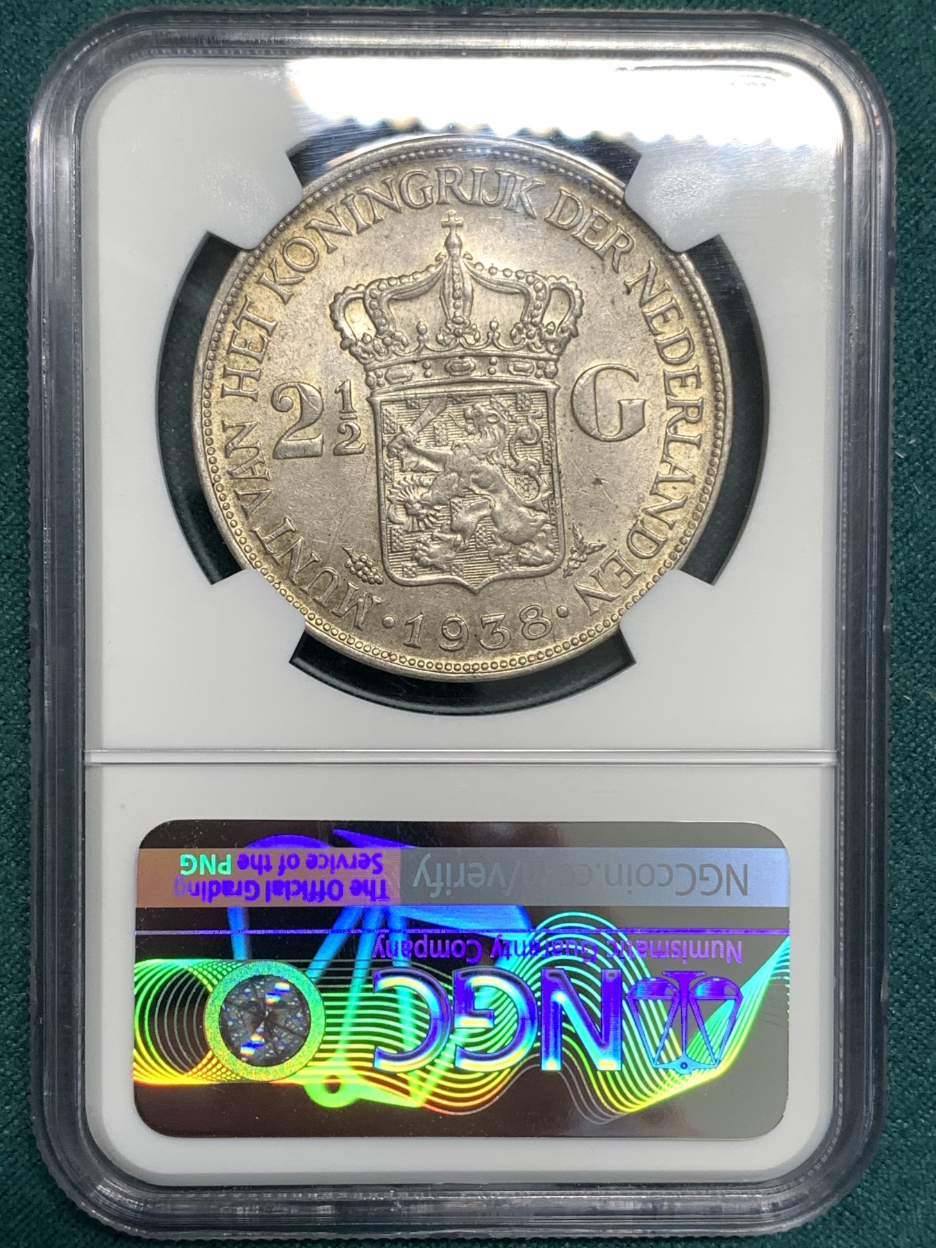 《竞宝斋》第187场-周日，周一 2场 (全场包邮) NGC MS62 荷兰1938年 威廉明娜 2.5盾 大银币