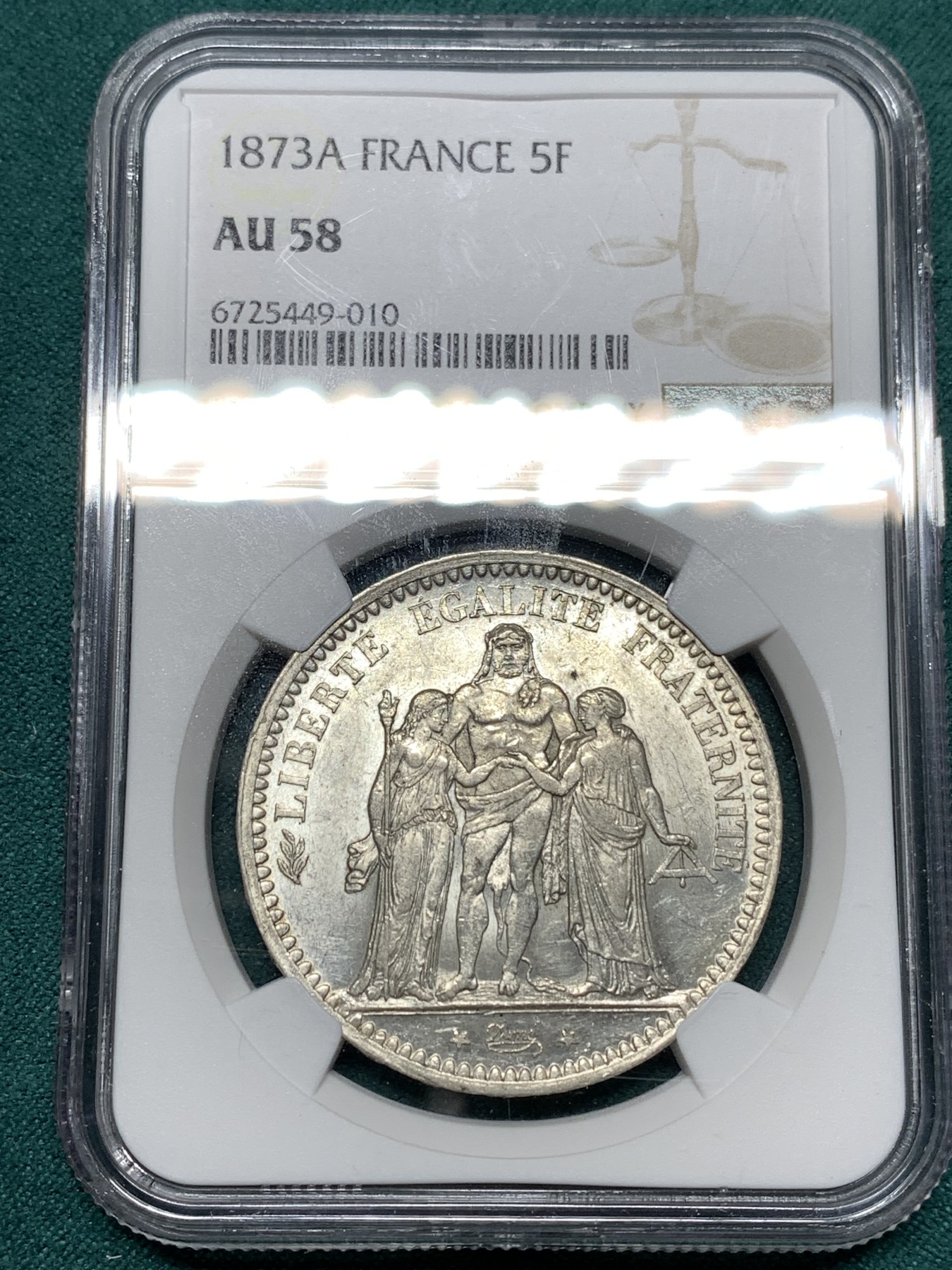 《竞宝斋》第187场-周日，周一 2场 (全场包邮) NGC-AU58 法国 1873年 大力神5法郎银币