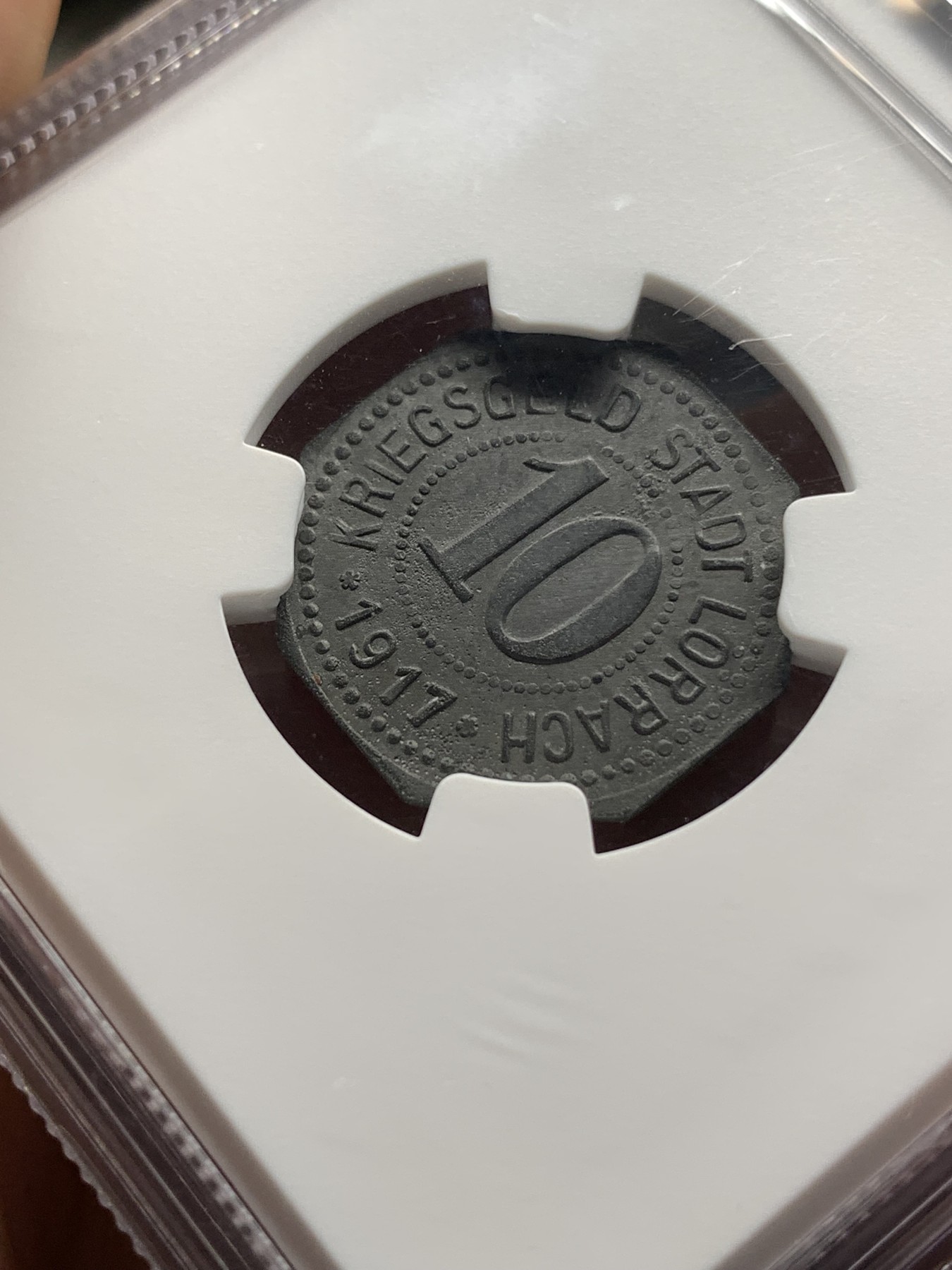 《竞宝斋》第187场-周日，周一 2场 (全场包邮) NGC MS62（冠军）德国 德紧 巴登罗拉赫10芬尼八角形锌币