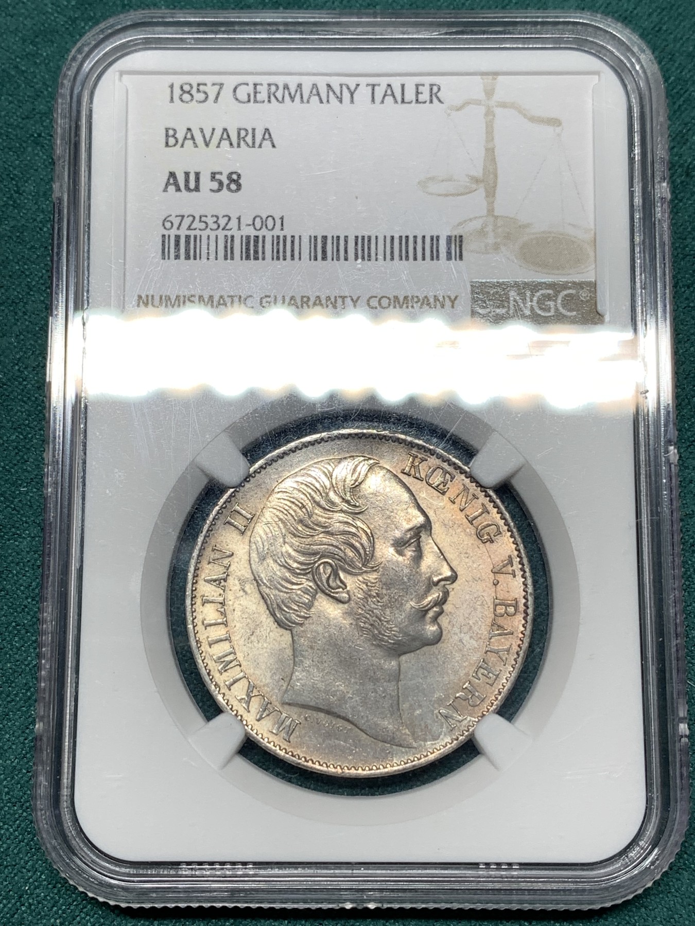 《竞宝斋》第187场-周日，周一 2场 (全场包邮) NGC-AU58 德国 1857年 巴伐利亚 1泰勒 双狮流通版，相比圣母抱婴版的少见多了，欧陆老包浆，味道比白币好多了