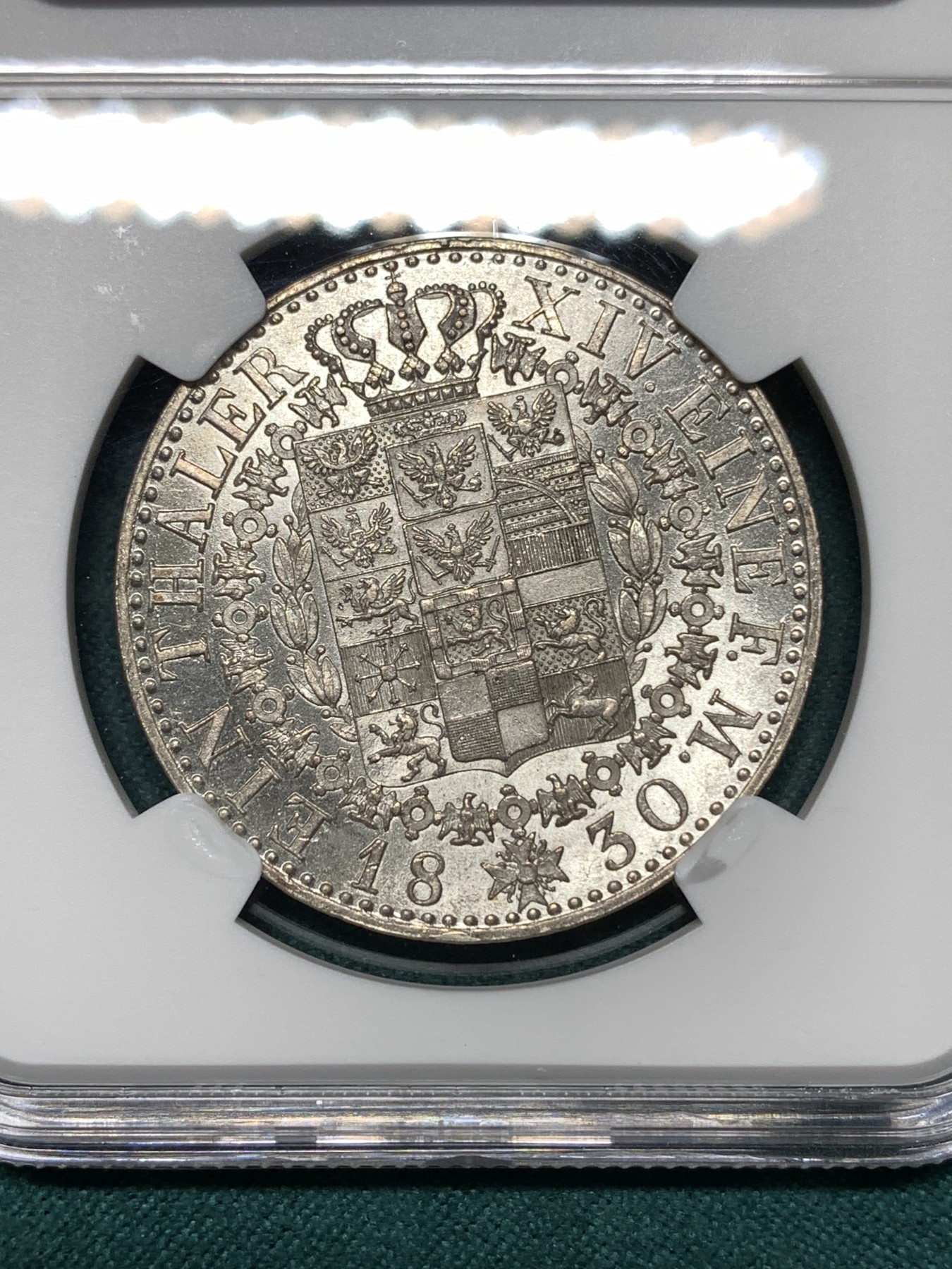 《竞宝斋》第187场-周日，周一 2场 (全场包邮) NGC-AU58 德国1830年 普鲁士泰勒 流通版盾徽泰勒，不多见的品种，背面品相尤其好，有ms水平