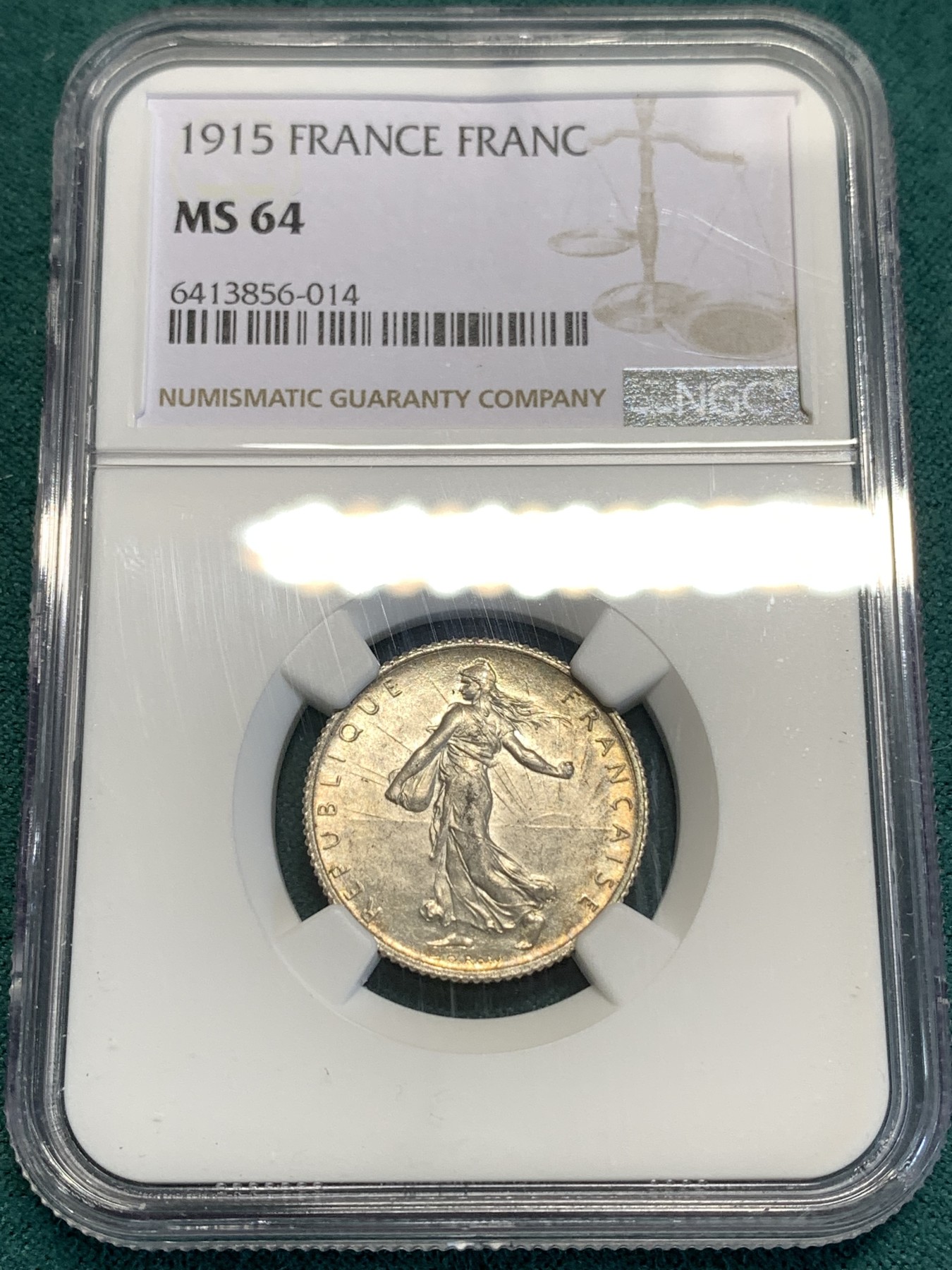 《竞宝斋》第187场-周日，周一 2场 (全场包邮) NGC MS64 法国1915年播种女神1法郎银币