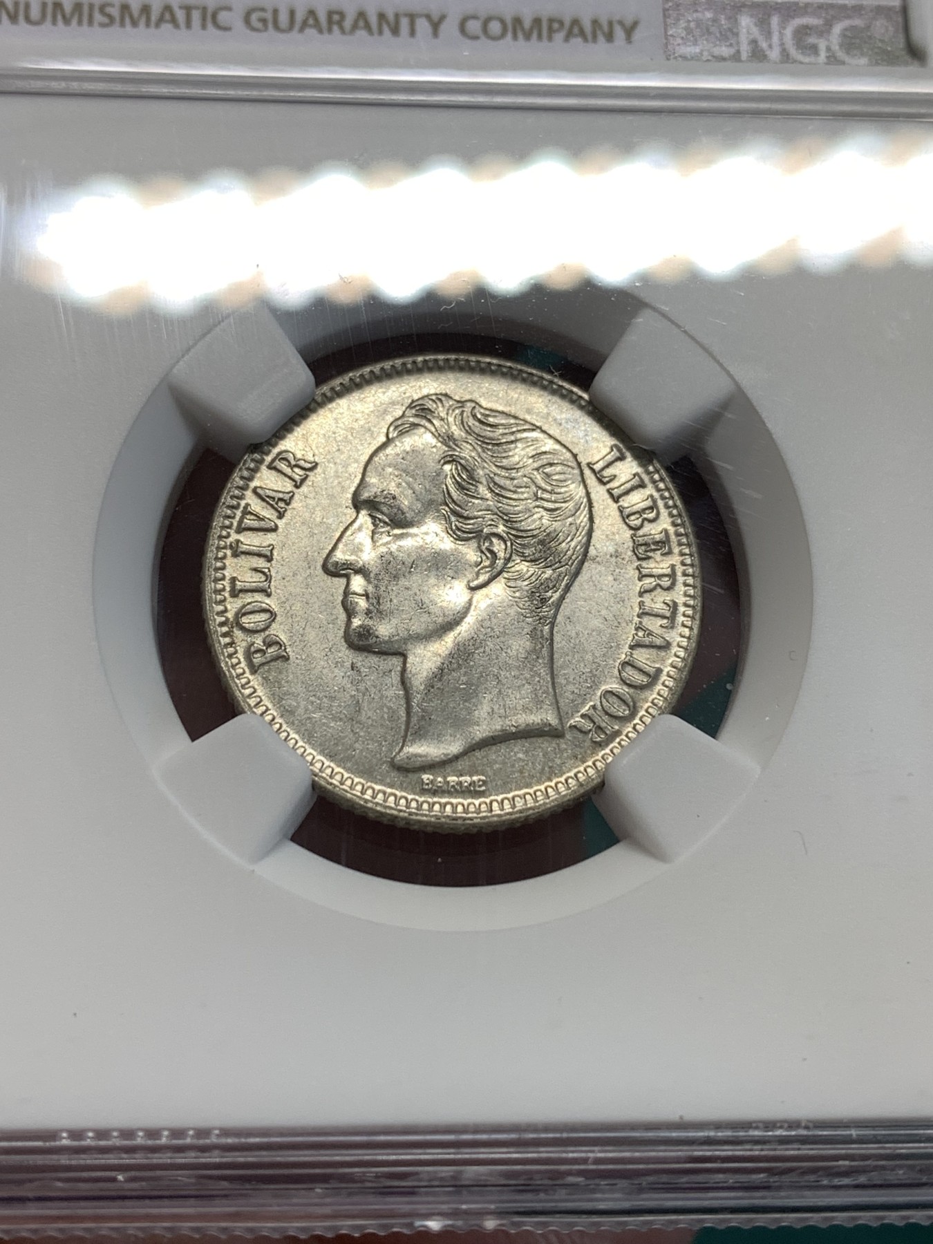 《竞宝斋》第187场-周日，周一 2场 (全场包邮) NGC-MS63 委内瑞拉1954年 1波利瓦尔银币 好品小辅币