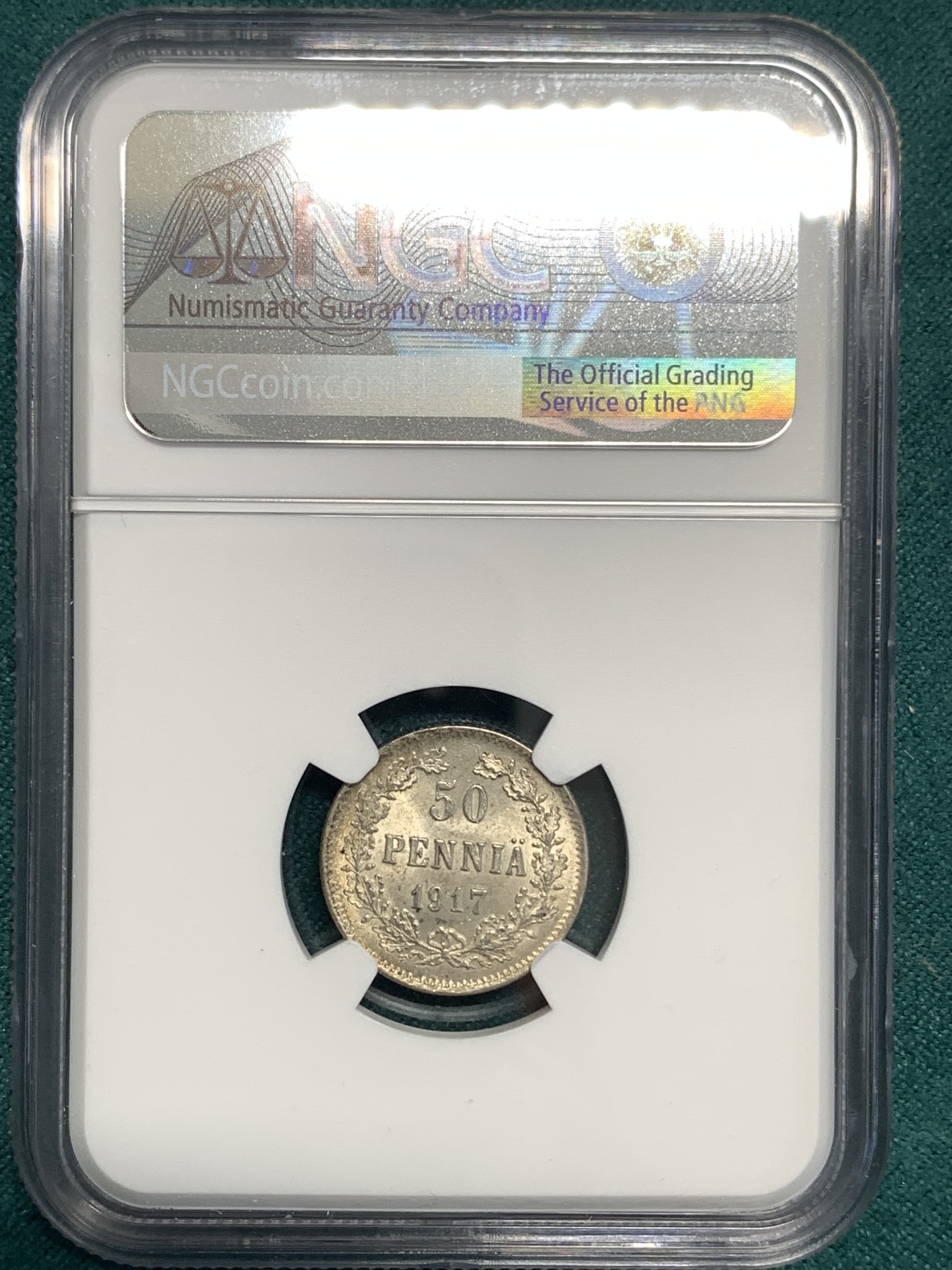 《竞宝斋》第187场-周日，周一 2场 (全场包邮) NGC MS65 俄占芬兰1917年克伦斯基临时政府50盆尼小银币，高分不易