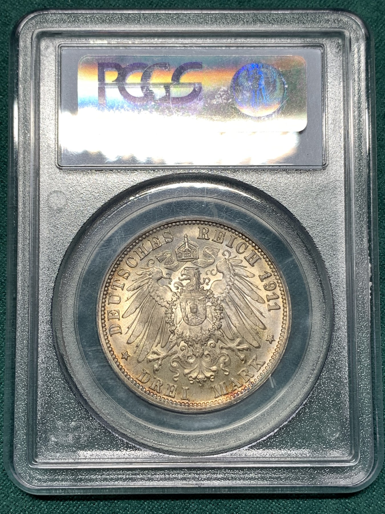 《竞宝斋》第187场-周日，周一 2场 (全场包邮) PCGS-MS66 德意志符腾堡1911F厂  国王王后金婚纪念3马克银币 顶级分数收藏级 金光底板周圈五彩