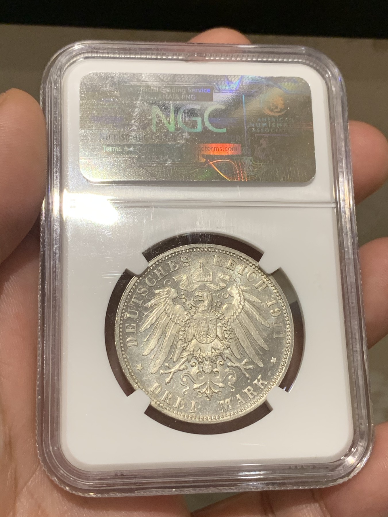 《竞宝斋》第187场-周日，周一 2场 (全场包邮) NGC MS64 德国巴伐利亚1911年3马克利奥波德90大寿纪念银币