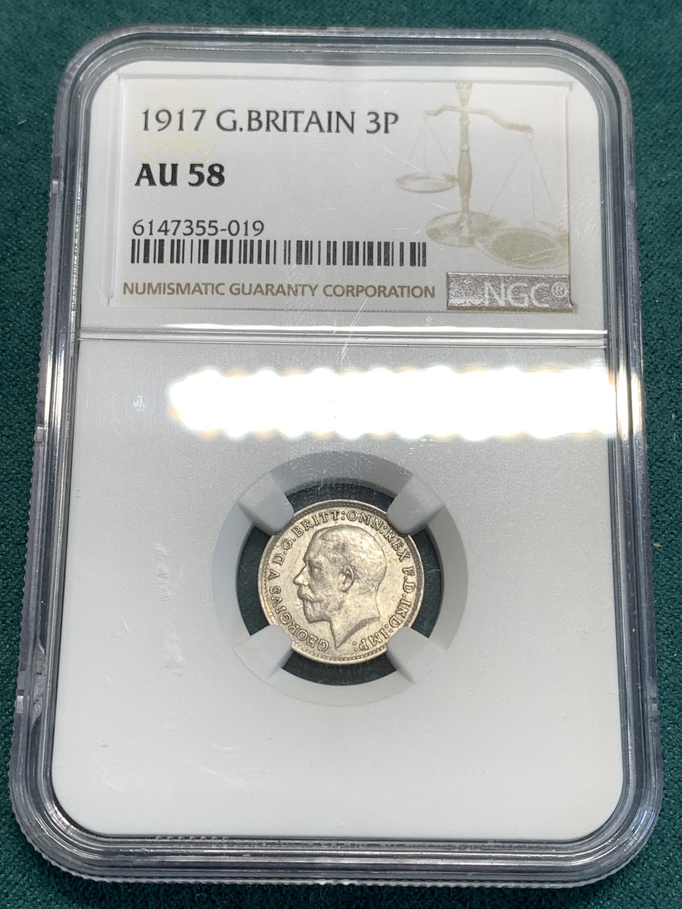 《竞宝斋》第187场-周日，周一 2场 (全场包邮) NGC-AU58 英国 1917年 乔治五世925高银版3便士银币